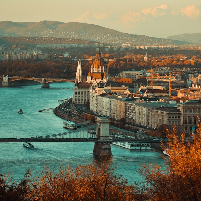 Aerial view of Budapest with the Parliament building facing the river Danube