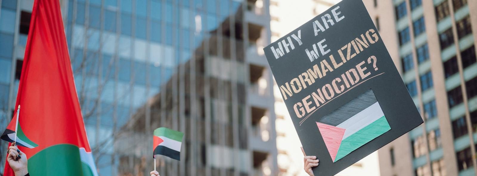 People with Flags and Banner at Antiwar Protest