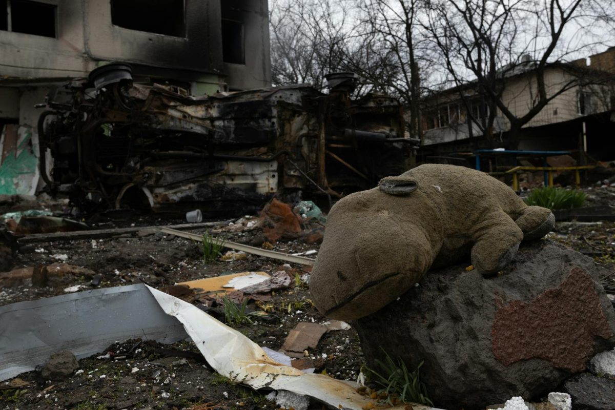 Devestating aftermath in Borodyanka, Ukraine, with debris and a toy in the rubble.