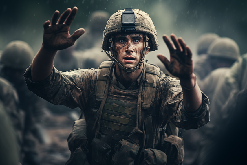 ai generated, soldier, conflict, surrendering, war, military, peace, submission, wartime, defeat, uniform, surrender, helpless, conflict resolution, captive, war zone, defenseless, struggle, crisis, vulnerability, conflict, surrendering, defeat, surrender, surrender, surrender, surrender, surrender, helpless, struggle