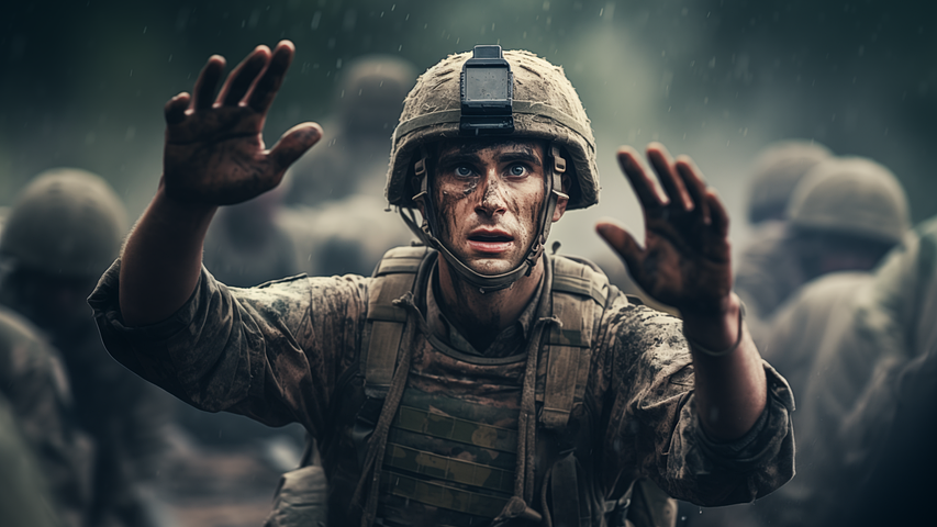 ai generated, soldier, conflict, surrendering, war, military, peace, submission, wartime, defeat, uniform, surrender, helpless, conflict resolution, captive, war zone, defenseless, struggle, crisis, vulnerability, conflict, surrendering, defeat, surrender, surrender, surrender, surrender, surrender, helpless, struggle