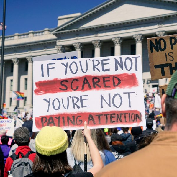 Protestors hold signs during a political demonstration.